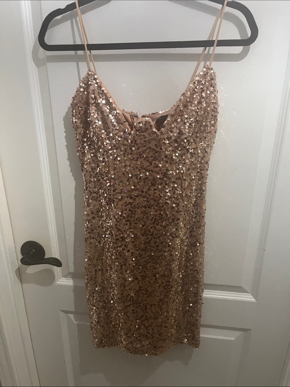 Symphony Rose Gold Sequin Mini Dress with Spaghetti Straps